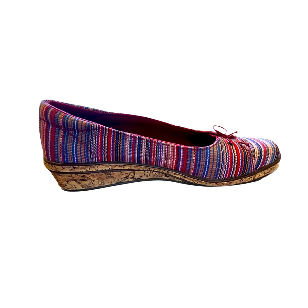 Grasshoppers Ortholite Slip-On Shoes, Sz. 9W, Multi-Color Striped, Cork Wedge